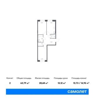 Продажа двухкомнатной квартиры, 63.79 м², этаж 11 из 13. Фото 1