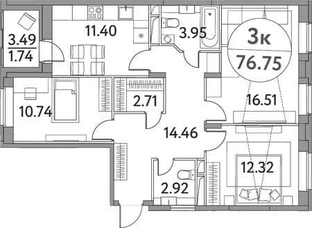 Купить трехкомнатную квартиру, 76.75 м², 35 мин. до метро на транспорте, этаж 16 из 17. Фото 1