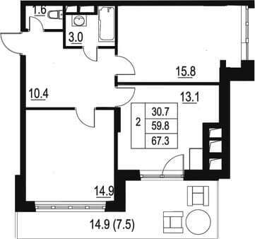 Продаем двухкомнатную квартиру, 67.3 м², 30 мин. до метро на транспорте, этаж 4 из 4. Фото 1
