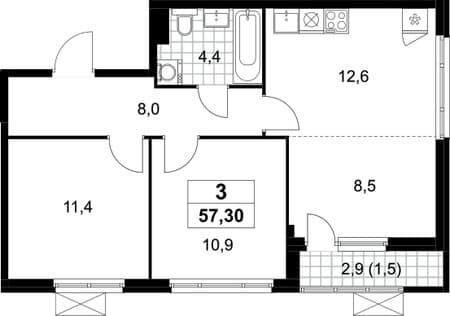Продается двухкомнатная квартира, 57.3 м², 20 мин. до метро пешком, этаж 3 из 9. Фото 1