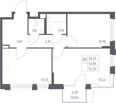 Объявление о продаже двухкомнатной квартиры, 54.55 м², 20 мин. до метро на транспорте, этаж 7 из 8. Фото 1