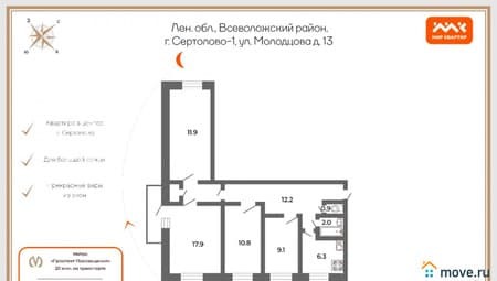 Продажа четырехкомнатной квартиры, 73.2 м², этаж 9 из 9. Фото 3