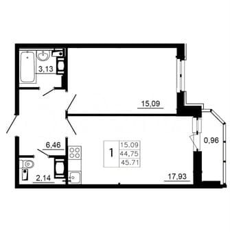 Продажа однокомнатной квартиры, 44.8 м², этаж 12 из 12. Фото 1