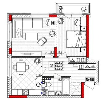 Продам двухкомнатную квартиру, 56.6 м², этаж 3 из 4. Фото 6
