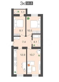 Продам трехкомнатную квартиру, 58.8 м², этаж 3 из 4. Фото 5
