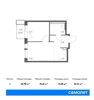 Объявление о продаже однокомнатной квартиры, 34.98 м², 6 км за МКАД, этаж 2 из 17. Фото 1