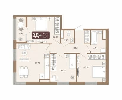 Продажа трехкомнатной квартиры, 72.7 м², этаж 3 из 16. Фото 1
