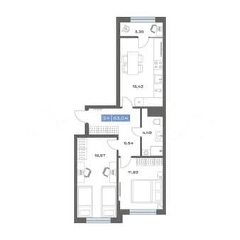 2-комн. квартира, 61.2 м²