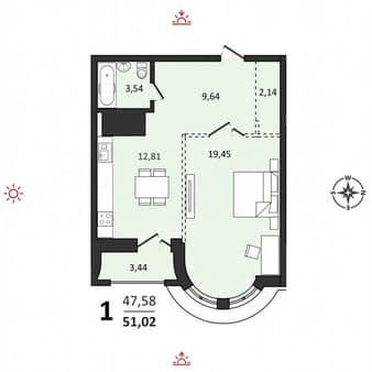 1-комн. квартира, 51 м²