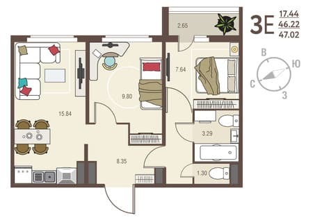 Купить двухкомнатную квартиру, 47.02 м², этаж 1 из 17. Фото 12