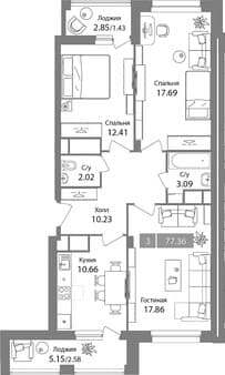 Продается трехкомнатная квартира, 77.36 м², 10 мин. до метро на транспорте, этаж 6 из 17. Фото 1