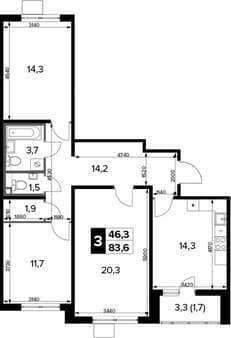 Продается трехкомнатная квартира, 83.6 м², 20 мин. до метро на транспорте, этаж 6 из 15. Фото 1