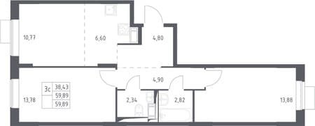 Продажа двухкомнатной квартиры, 59.89 м², 15 мин. до метро на транспорте, этаж 12 из 12. Фото 7