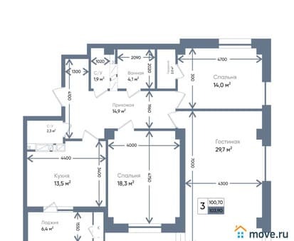 Продам трехкомнатную квартиру, 103.9 м², этаж 11 из 13. Фото 1