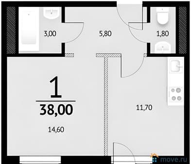 Продажа однокомнатной квартиры, 40 м², этаж 9 из 14. Фото 7