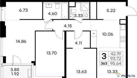 Купить трехкомнатную квартиру, 95.64 м², этаж 13 из 32. Фото 1