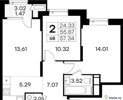 Продам двухкомнатную квартиру, 57.34 м², этаж 11 из 32. Фото 1