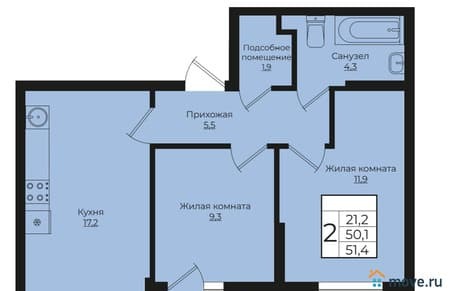 Продаем двухкомнатную квартиру, 51.4 м², этаж 2 из 7. Фото 1