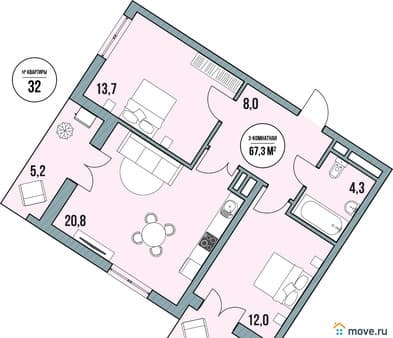 Продажа трехкомнатных апартаментов, 67.3 м², этаж 4 из 5. Фото 1