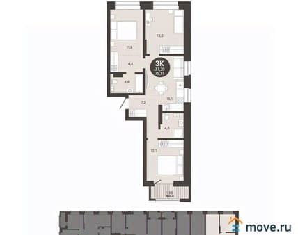 Купить трехкомнатную квартиру, 75.15 м², этаж 11 из 18. Фото 1