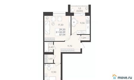 Продажа двухкомнатной квартиры, 57.09 м², этаж 2 из 3. Фото 1
