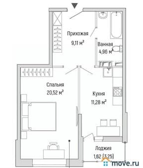 Купить однокомнатную квартиру, 47.5 м², этаж 2 из 9. Фото 1