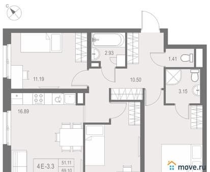 Продажа трехкомнатных апартаментов, 69.1 м², этаж 2 из 17. Фото 1