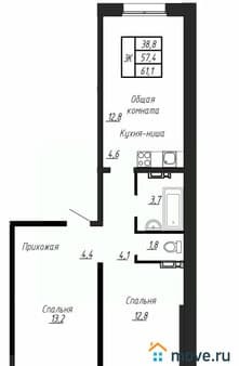 Купить трехкомнатную квартиру, 61.1 м², этаж 4 из 17. Фото 1