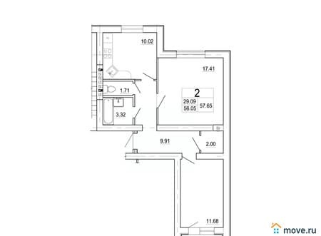 Продаю двухкомнатную квартиру, 57.65 м², этаж 2 из 3. Фото 1