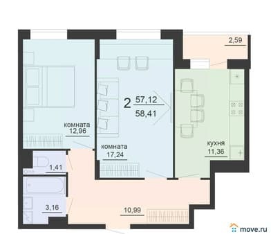 Продажа двухкомнатной квартиры, 58.41 м², этаж 16 из 20. Фото 1