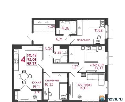 Продаем четырехкомнатную квартиру, 98.72 м², этаж 4 из 12. Фото 1