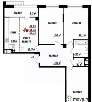 Купить четырехкомнатную квартиру, 97.45 м², этаж 6 из 17. Фото 1