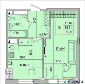 Объявление о продаже однокомнатной квартиры, 40.14 м², этаж 1 из 5. Фото 1