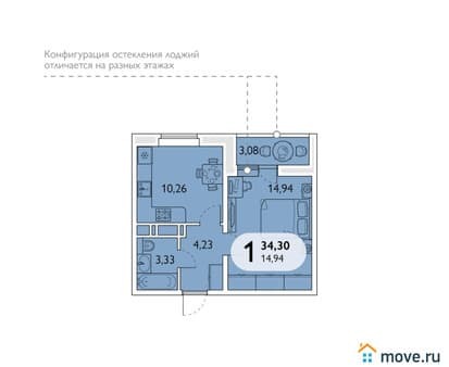 Объявление о продаже однокомнатной квартиры, 34.3 м², этаж 1 из 16. Фото 1