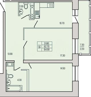 Продажа двухкомнатной квартиры, 64.9 м², этаж 2 из 19. Фото 1