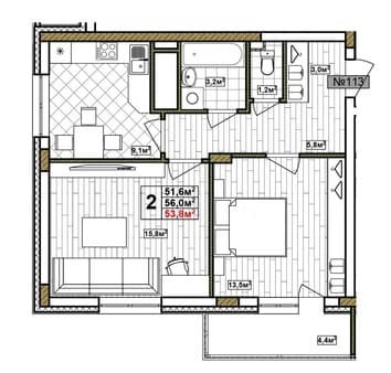 Купить двухкомнатную квартиру, 53.8 м², этаж 17 из 17. Фото 1