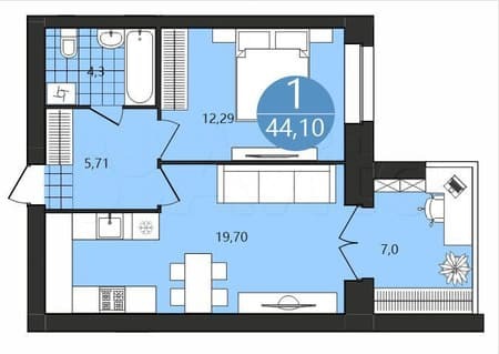 Продается однокомнатная квартира, 44.1 м², этаж 1 из 4. Фото 1