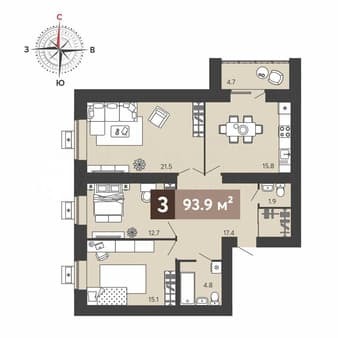 Продам трехкомнатную квартиру, 93.9 м², этаж 5 из 17. Фото 1