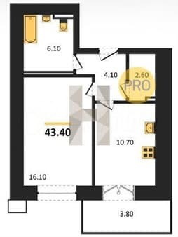 1-комн. квартира, 43.4 м²