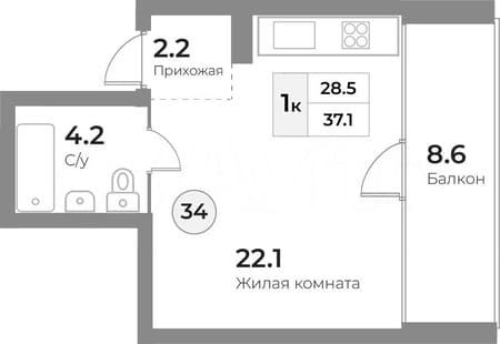 Продажа однокомнатных апартаментов, 37.1 м², этаж 2 из 5. Фото 3