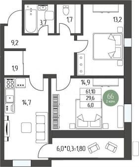 Объявление о продаже двухкомнатной квартиры, 65.3 м², этаж 4 из 5. Фото 2