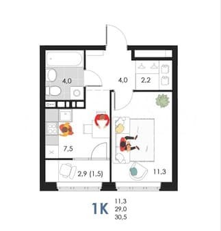 Продажа однокомнатной квартиры, 30.5 м², этаж 6 из 6. Фото 1