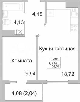Объявление о продаже однокомнатной квартиры, 39 м², этаж 8 из 9. Фото 1