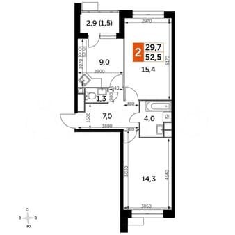 Продается двухкомнатная квартира, 52.4 м², этаж 4 из 9. Фото 1