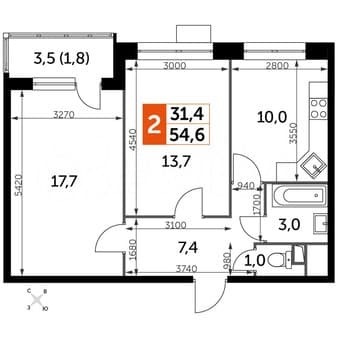 Продается двухкомнатная квартира, 54.5 м², этаж 17 из 18. Фото 1