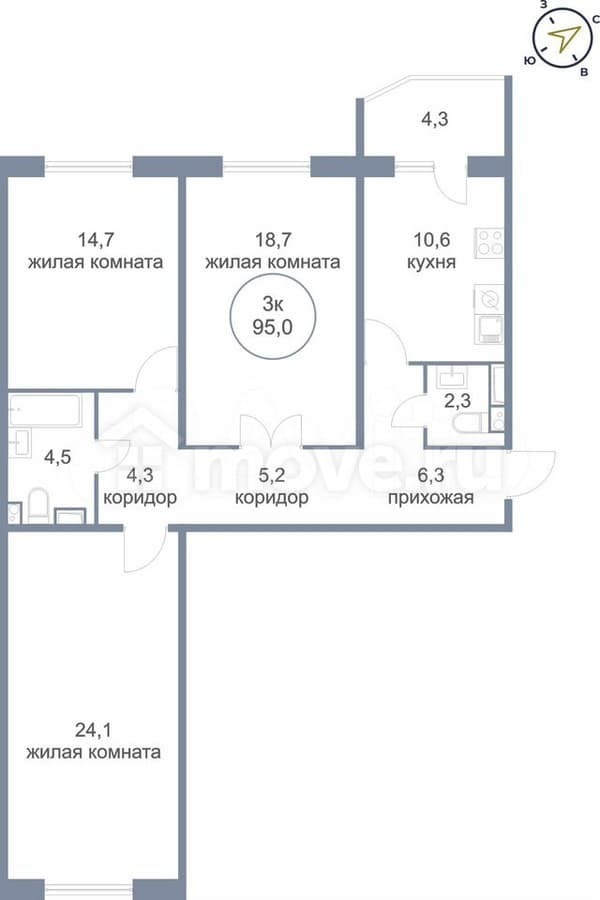 3-комн. квартира, 95 м²