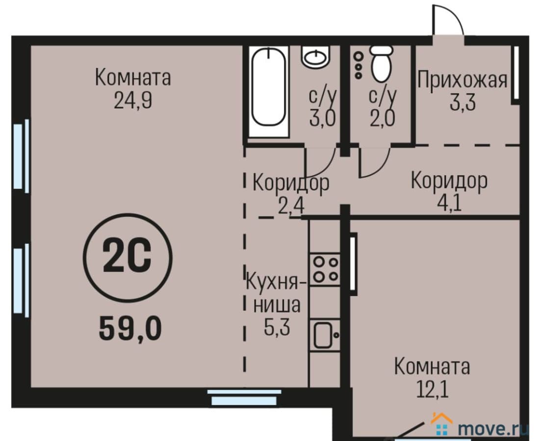 2-комн. квартира, 59 м²