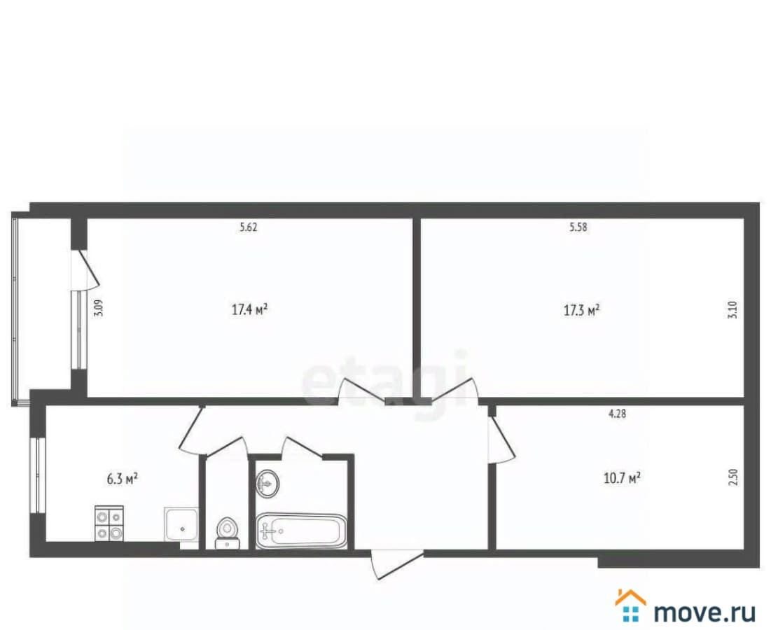 3-комн. квартира, 63.7 м²