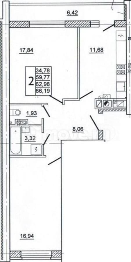 2-комн. квартира, 66 м²