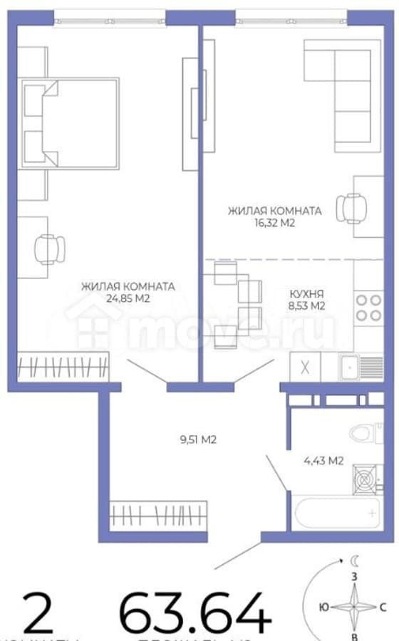 2-комн. квартира, 64 м²